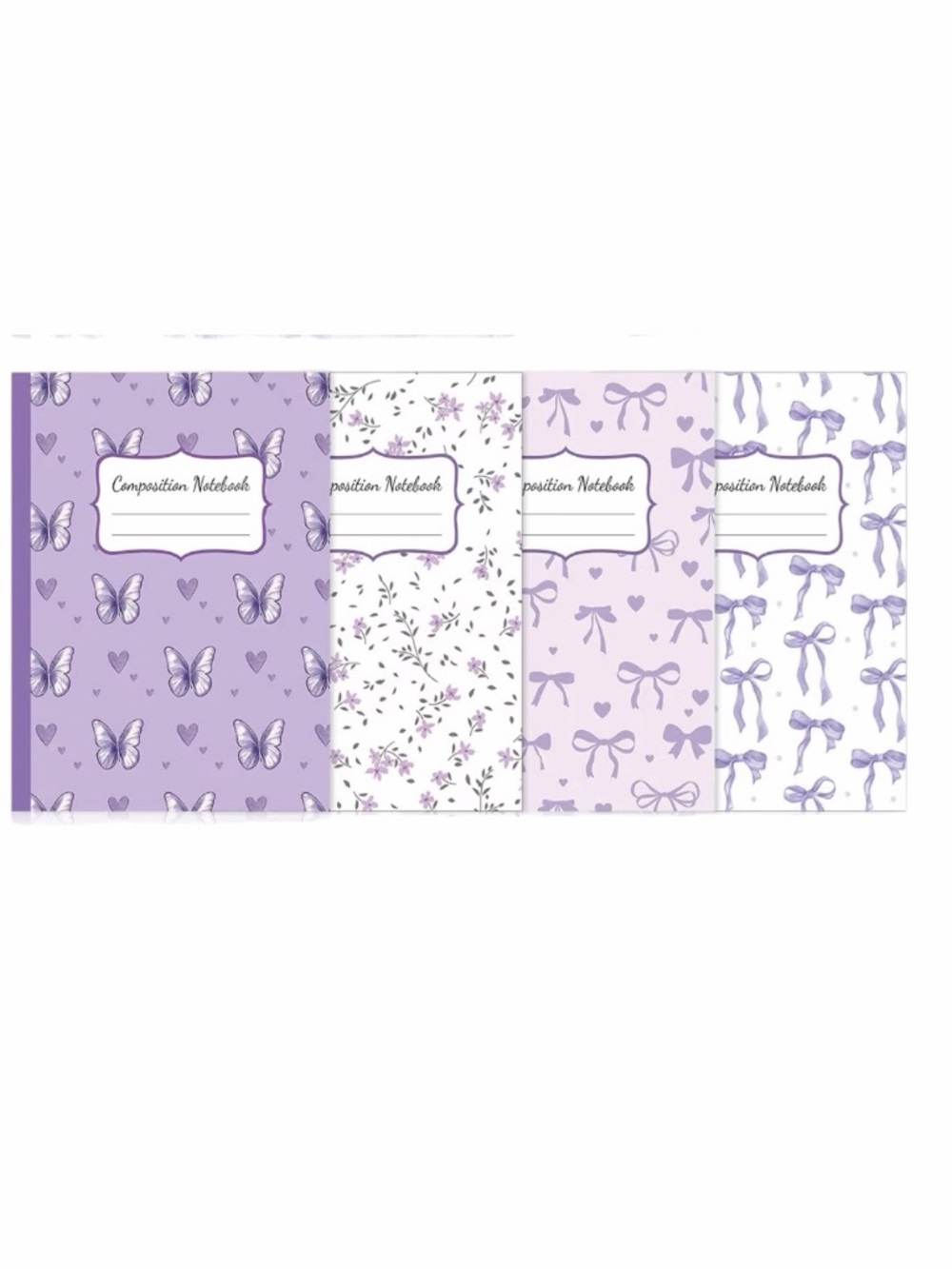 Purple Floral And Bow ~9.75” x ~7.5” Composition Notebooks - Set of 4 New